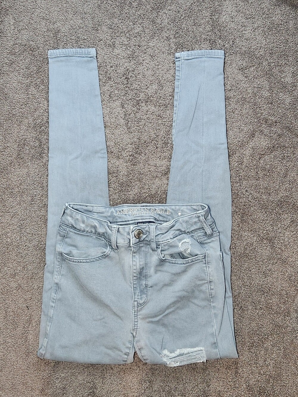 Grey Destroy American Eagle Outfitters Mid-Rise Jeggings Super Skinny Jeans